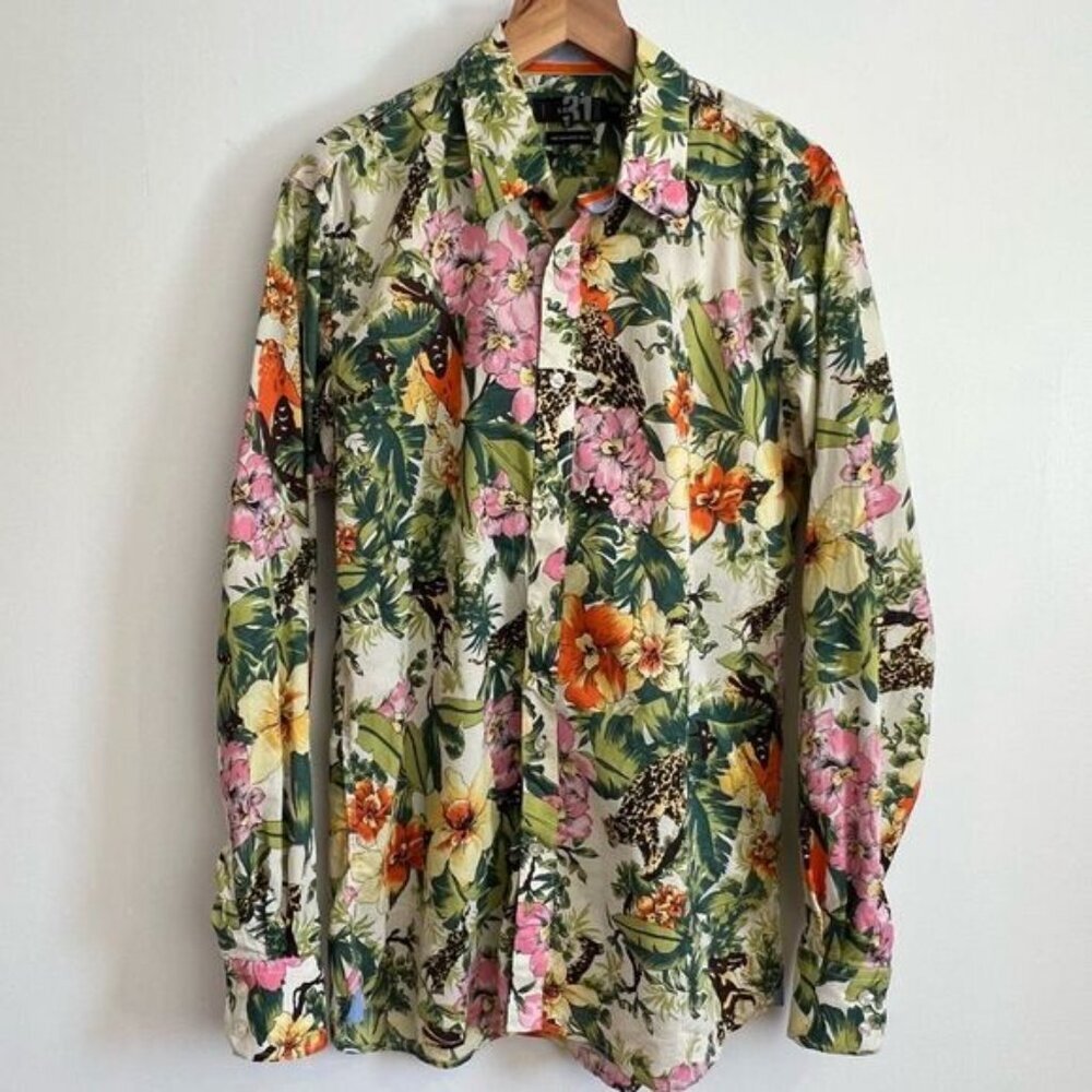 Le 31 Men’s Large Green Floral Hawaiian Camp Long Sleeve Button Down Shirt